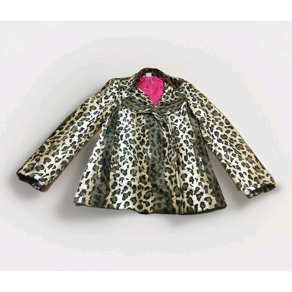 Anchor Blue Faux‎ Fur Leopard Print Mid Length Snap Jacket Size Medium